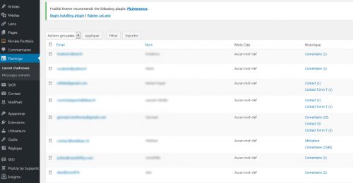 Le plugin est capable de conserver une copie des mails ainsi que les autres informations soumises par l'utilisateur (aussi les commentaires du blog).