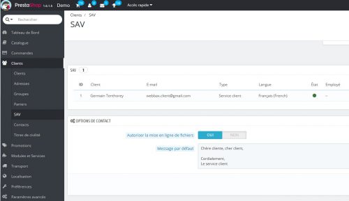 La rubrique SAV de l'onglet clients, permet d'avoir une vue sur tous les messages transmis par la boutique Prestashop.