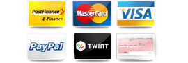 Paiement via Postfinance, Mastercard, Visa, Paypal, Virement bancaire