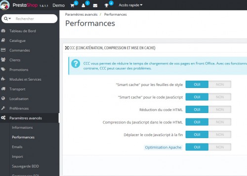 Dans le cas présent j'ai activé tous les caches classiques, Smarty, CSS, HTML, compression... les options habituellement activée chez la plupart des e-commerçants.