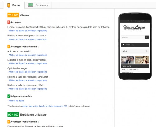Sur mobile on s'en tire pas mal non plus, avec une note de 70% et de 99% en ergonomie ce qui démontre la qualité du template de base. Bien souvent la note du mobile est moins bonne que celle du format ordinateur.