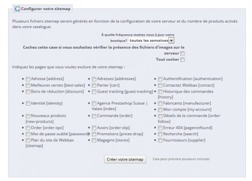 En standard, l'export du sitemap proposera de transférer toutes les pages de votre boutique, mais ce n'est pas la meilleure des choses à faire.