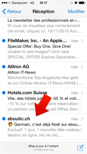 A présent regardez la différence avec le mail envoyé par eboutic, ils ont ajouté une icône au début du titre de la newsletter. Avant même de lire quoi que ce soit, mon regard a été attiré et je me dis... "C'est quoi ?".