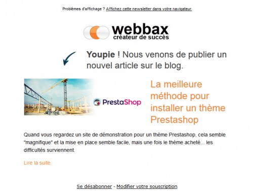 Les abonnés recevront automatiquement un mail très court, leur indiquant la présence d'un nouveau billet. L'exemple fourni de base en standard convient très bien.