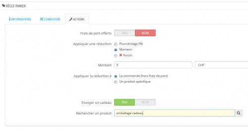 Sous Prestashop il serait envisageable de créer un produit "emballage cadeau" qui serait utilisé dans un bon de réduction ouvert à tous et qui pourrait s'afficher dans la commande du client... afin qu'il mesure l'avantage d'acheter chez vous.