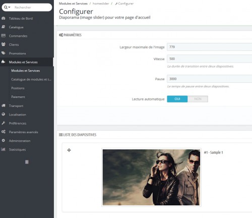 Dans le module Diaporama, une seule slide est configurée.