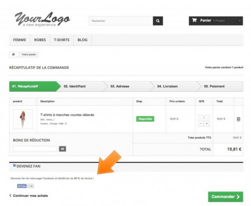 Ici dans le panier, on incite le client à liker pour obtenir 40% de remise (j'avoue dans cet exemple c'est un peu beaucoup).