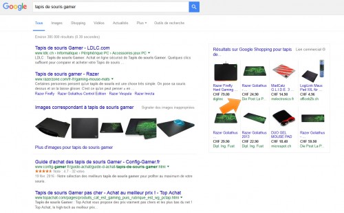 Je cherche un tapis de souris pour Gamer et dans Google, la Poste me fait une suggestion... Cela me donne moyen envie d'acheter, car c'est une boutique "fourre-tout". Sur une boutique spécialisée on trouvera beaucoup plus d'informations et peut-être même des vidéos. Le client aime consulter le produit en priorité chez un spécialiste du milieu.