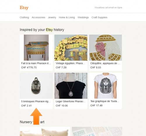 Pour une fois je reçois des suggestions intéressantes qui me donnent envie d'acheter, Etsy a réussi son pari.