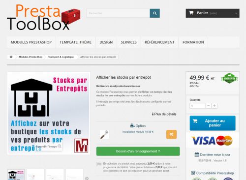 En multi-boutiques Prestashop, l'affichage du stock par entrepôt peut vous proposer un affichage à la manière de Steg Computer.