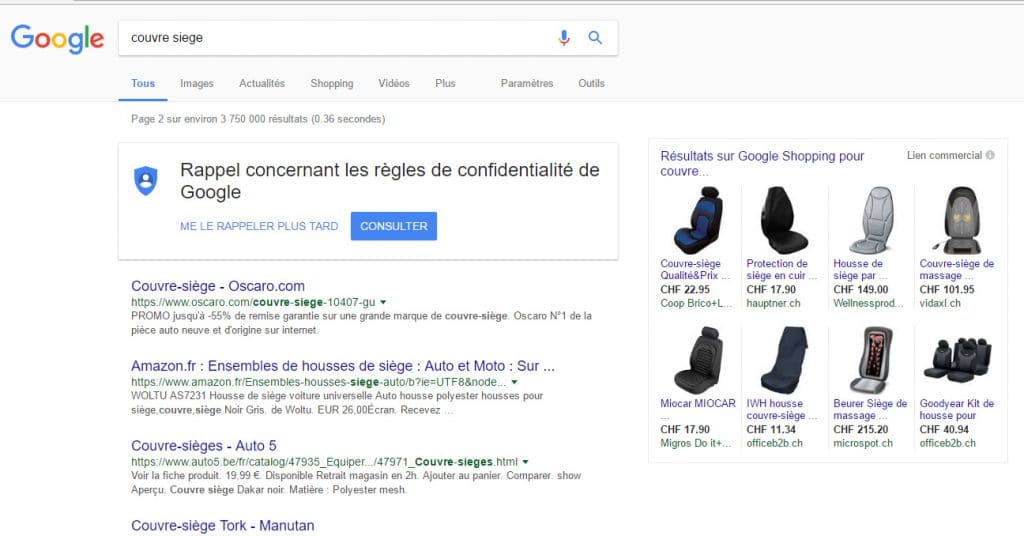 Liens commerciaux Google Shopping