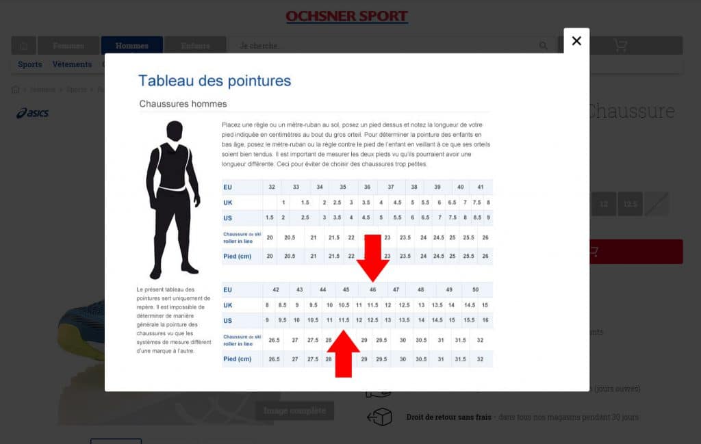 Tableau des pointures