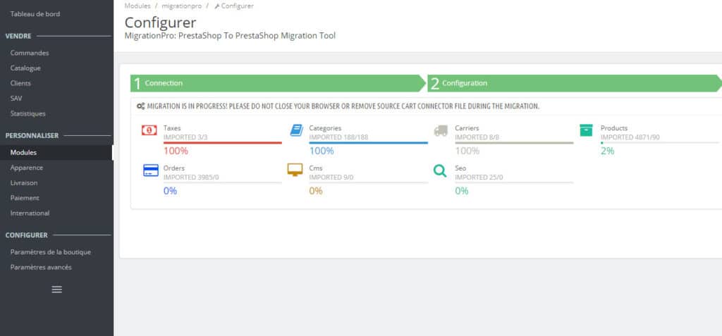 Transfert des données Prestashop