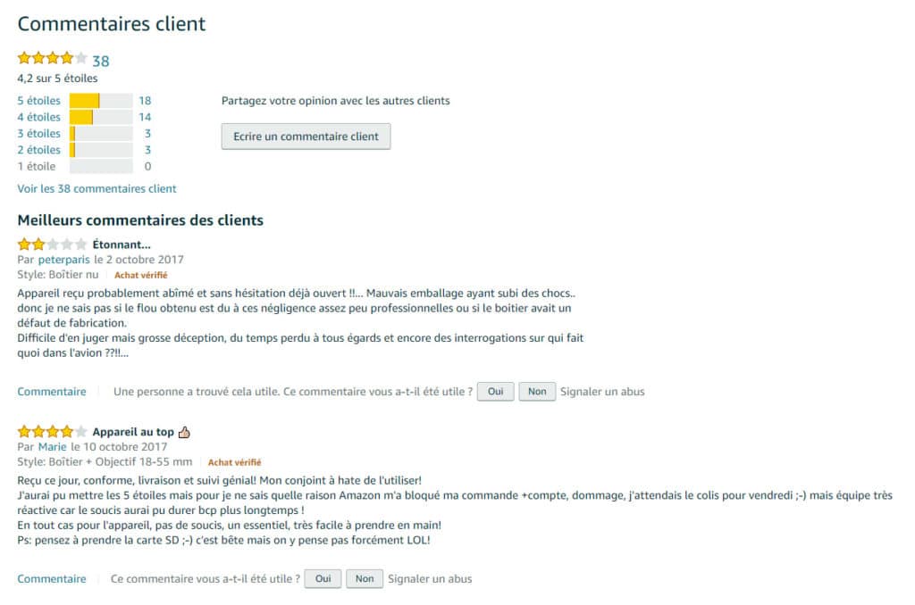 Avis clients sur Amazon