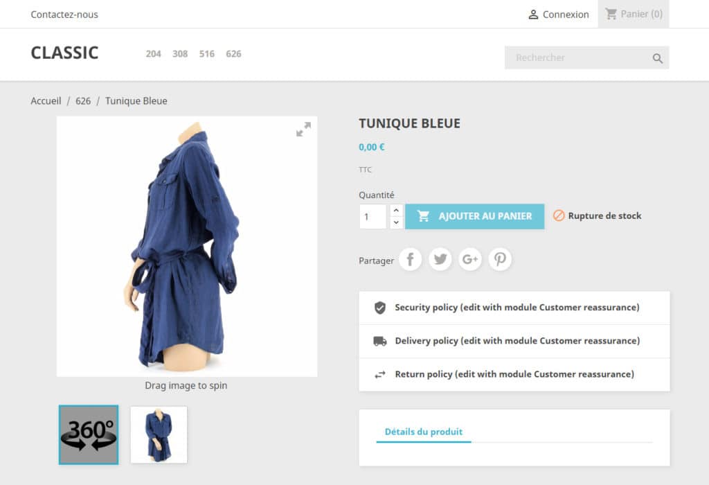 Produit à 360 sous Prestashop