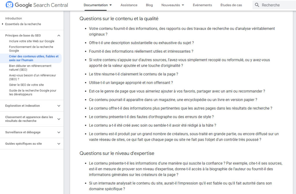 Qualité du contenu pour Google